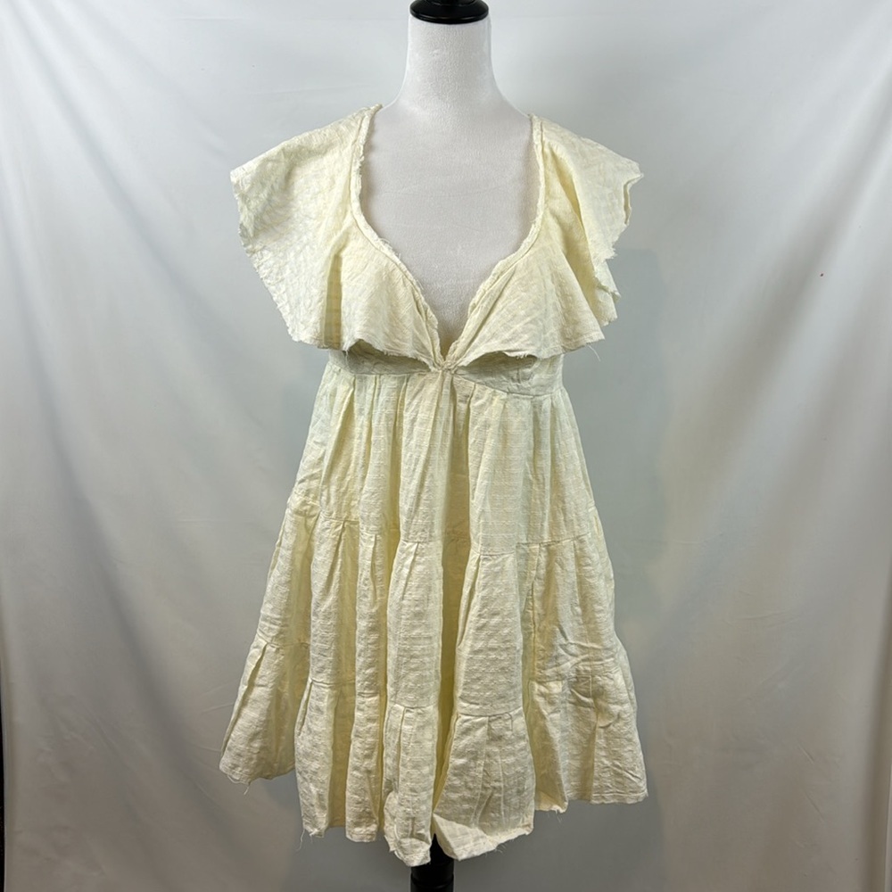 Free People Undone V Neck Ruffle Flutter Sleeves Off White Mini Dress Size L - Picture 6 of 16